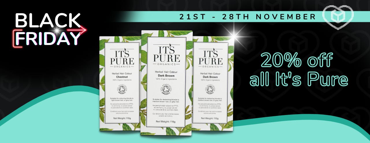 Three It's Pure herbal hair colour products on a black background